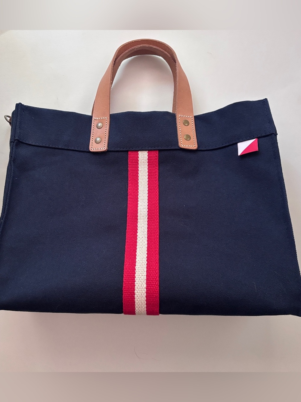Navy Canvas Tote with Red Stripe and Leather Handles Preppy Boat Tote